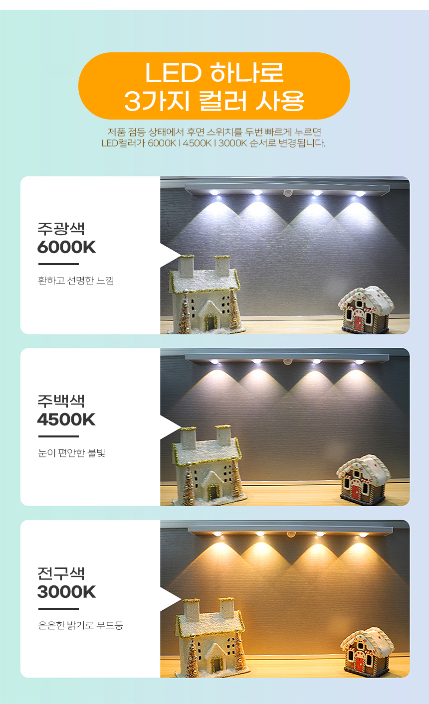 자석고정 충전식 3컬러 LED센서라이트 / 침대 주방 거실 무드등 간접등 센서등 인테리어 조명 상세 이미지